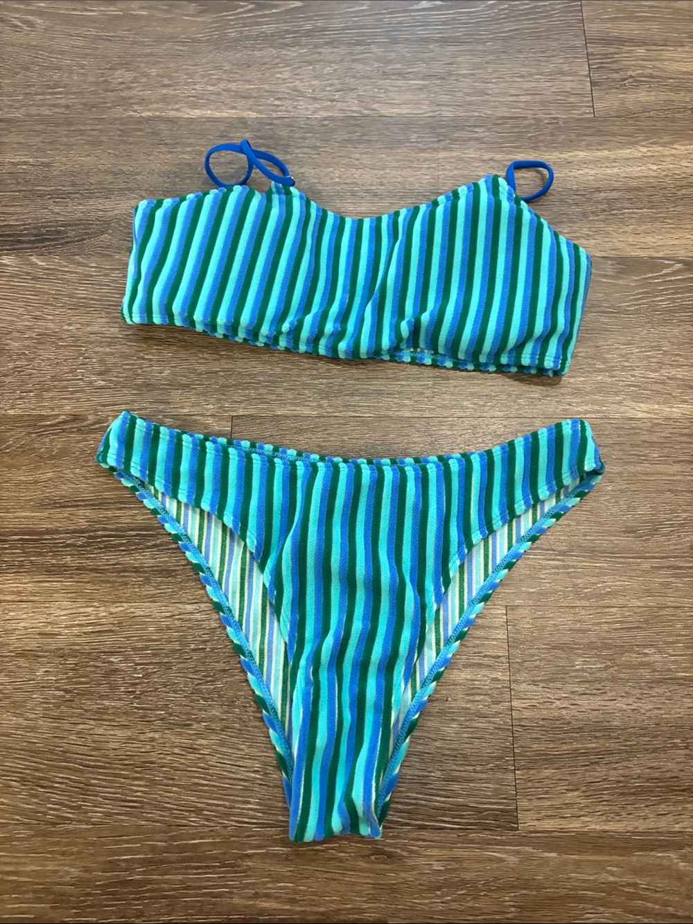 SHEIN Blue & Green Striped Two-Piece Bikini